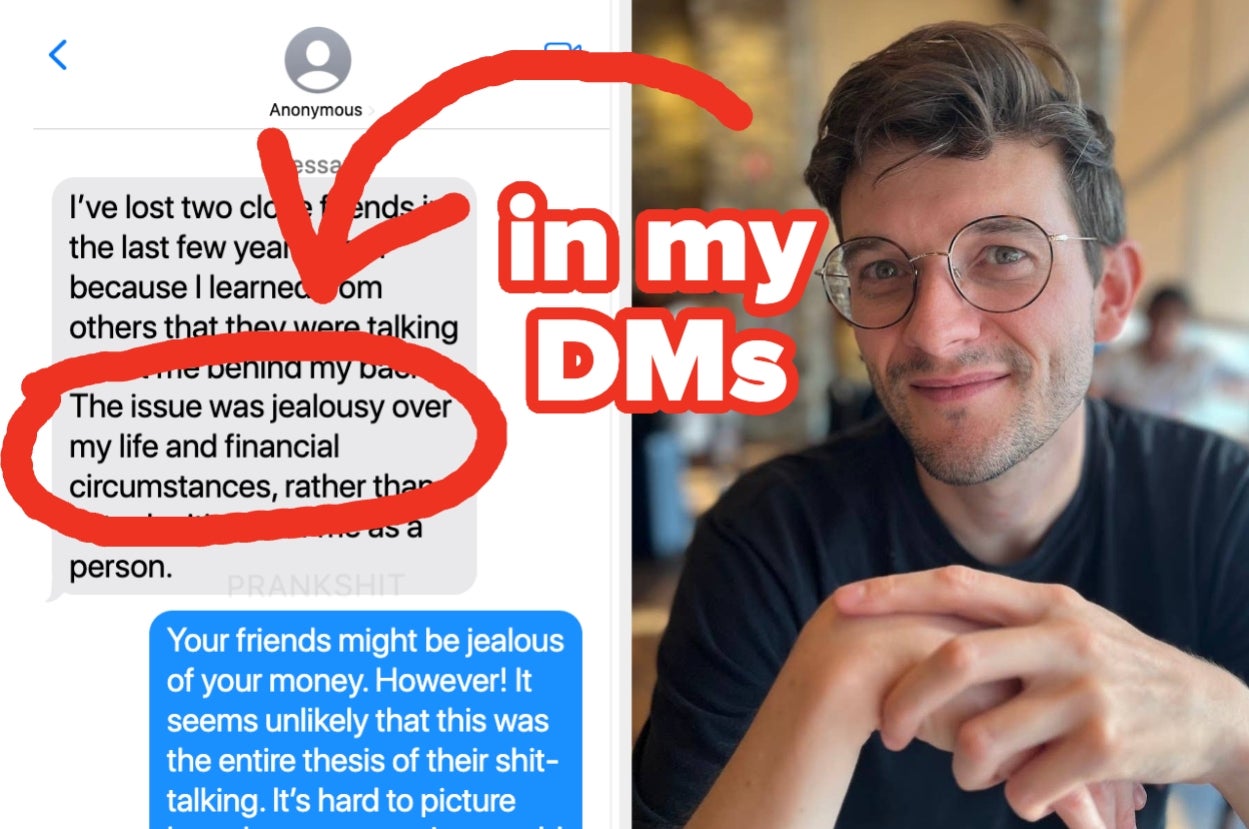 Text message conversation discussing jealousy over life and finances. Arrow points from the text to a smiling person wearing glasses