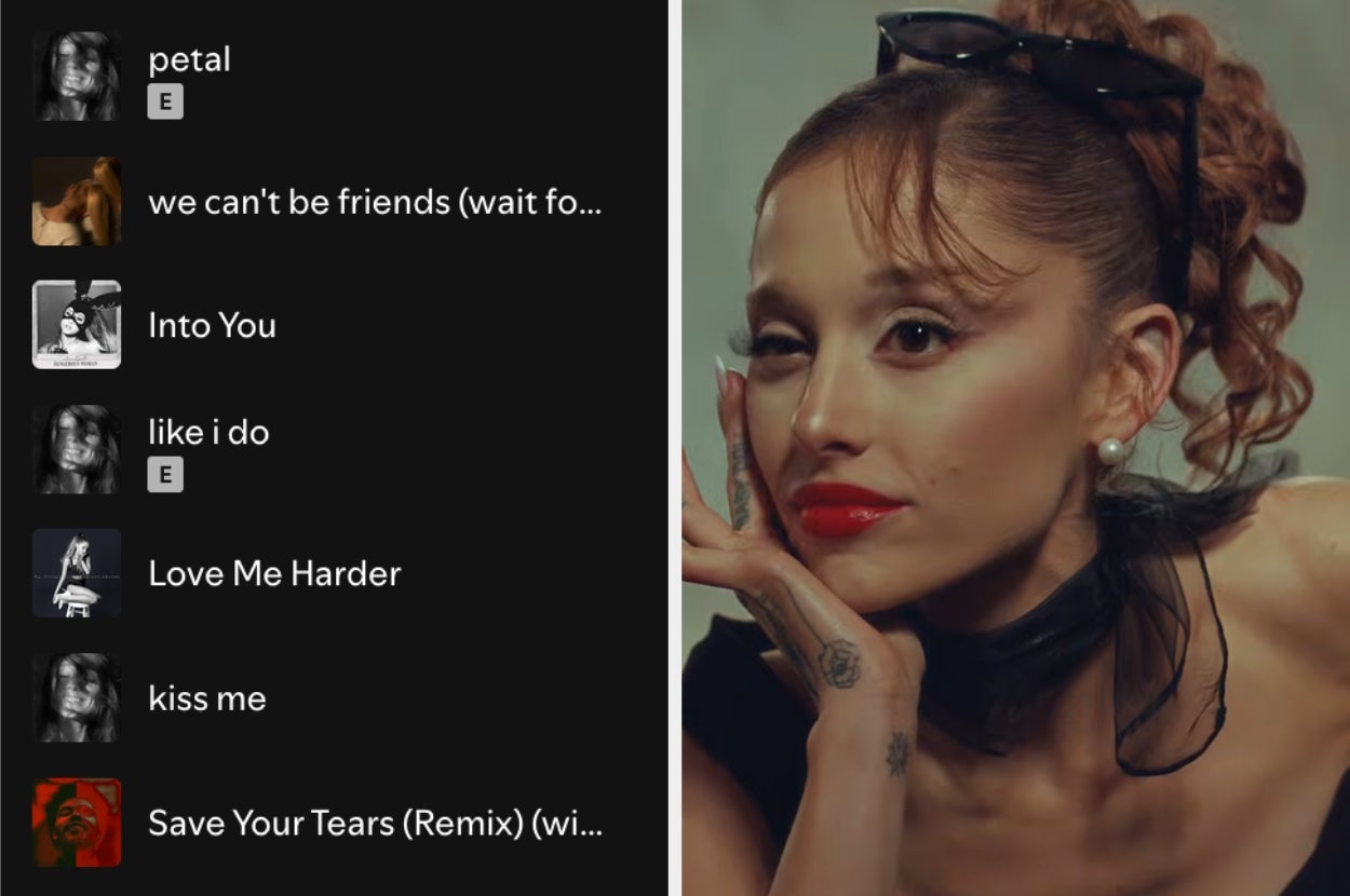 Ariana Grande with styled hair and red lipstick poses thoughtfully. Beside her, a playlist featuring six of her songs
