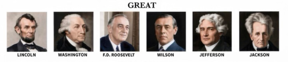 Seks portretter merket: Lincoln, Washington, FD Roosevelt, Wilson, Jefferson, Jackson, alle med ordet
