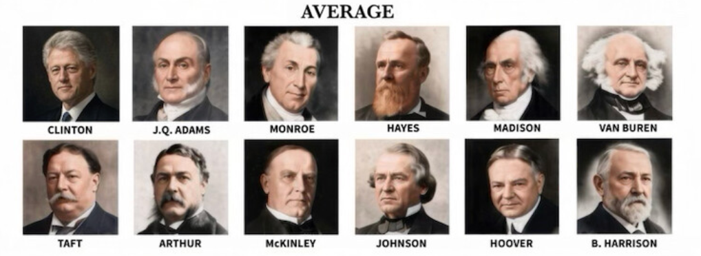Sammenstilling av amerikanske presidenter hvis gjennomsnittlige utseende sammenlignes: Clinton, Adams, Monroe, Hayes, Madison, Van Buren, Taft, Arthur, McKinley, Johnson, Hoover, B. Harrison