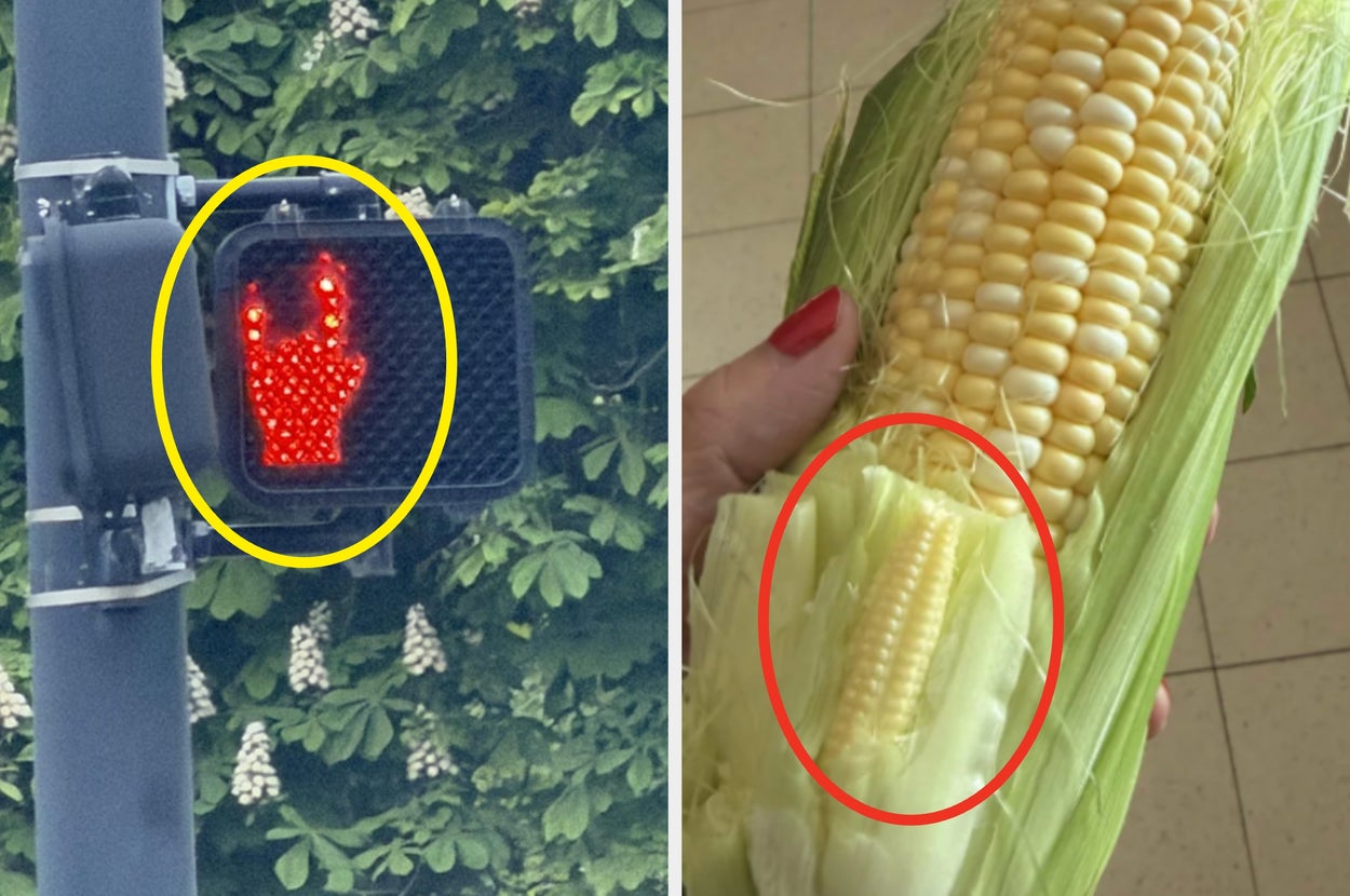 Left image: A pedestrian light shows a rock hand gesture. Right image: A corn cob with only a small section of kernels