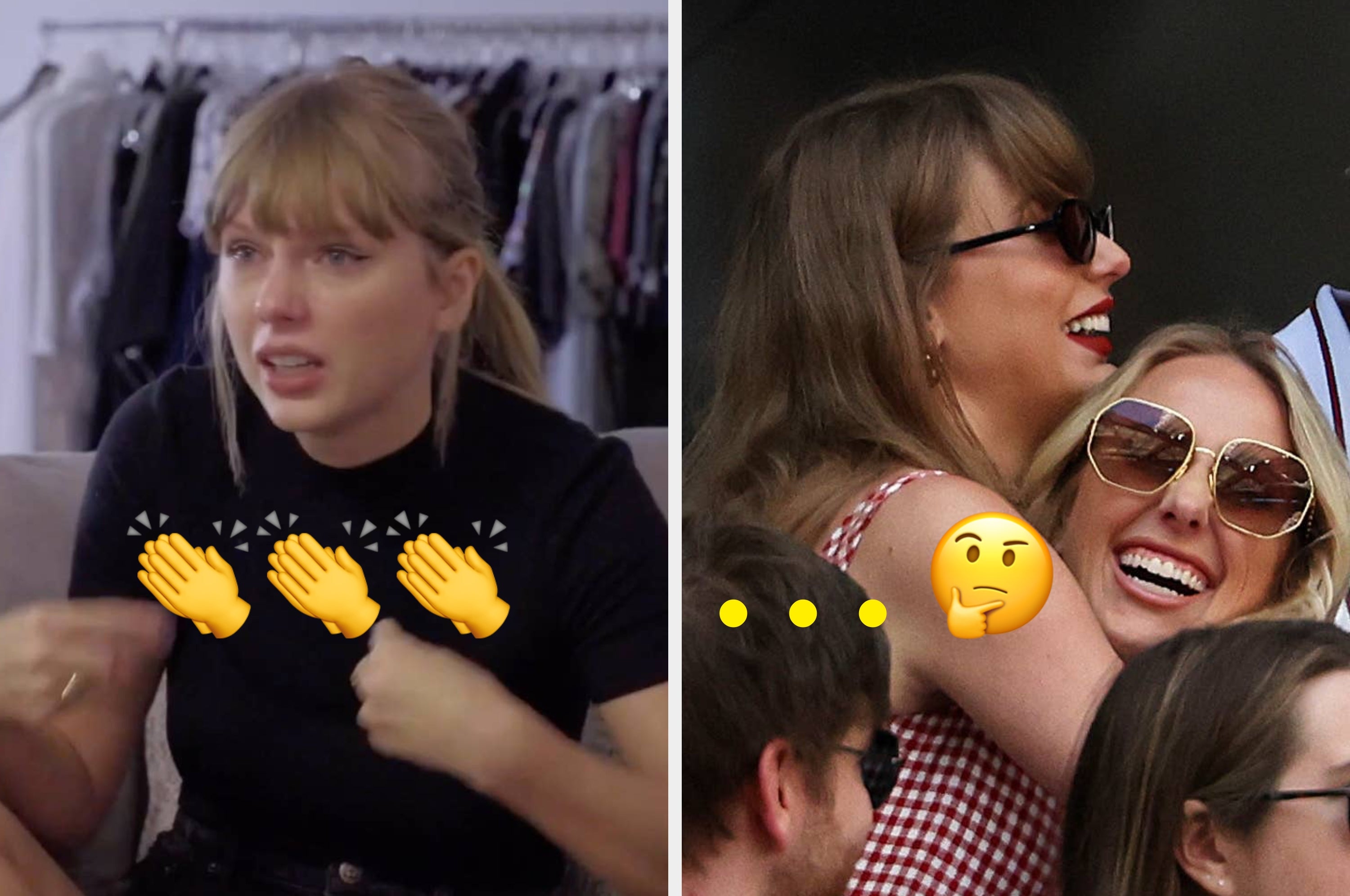 Split image: Left shows Taylor Swift emotionally voicing her political convictions in her 2020 documentary. Right depicts Taylor Swift and Brittany Mahomes in warm embrace at the 2024 U.S Open.