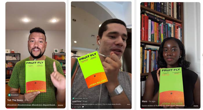 Five people hold a book titled "Fruit Fly" in various video calls. Each person presents or discusses the book