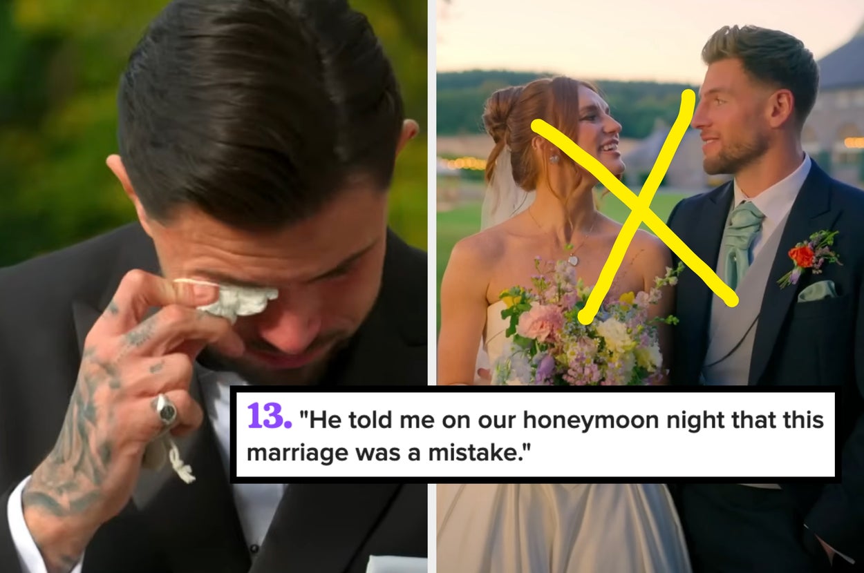 Man in a suit wipes tears; bride and groom smile at each other. Text: "He told me on our honeymoon night that this marriage was a mistake."