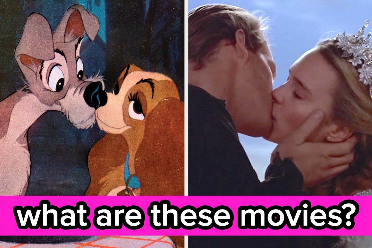 Animated dogs from "Lady and the Tramp" and a couple kissing from "The Princess Bride" with text asking for movie names