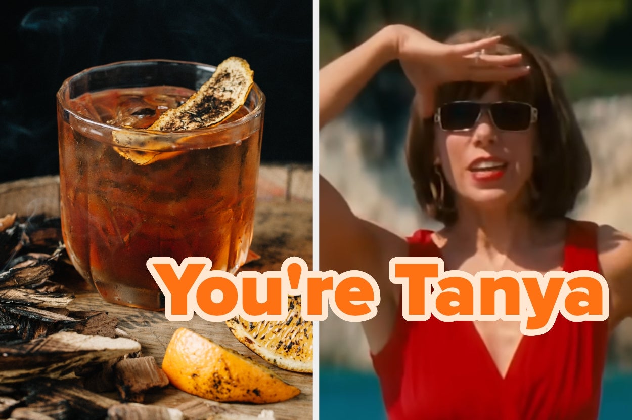 A cocktail with a charred garnish on the left; Tanya from "Mamma Mia" in a red outfit and sunglasses shielding her eyes on the right, text reads “You're Tanya.”