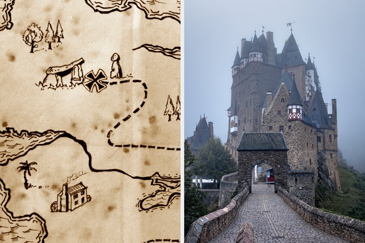 Illustration of a treasure map with landmarks on left; stone castle with towers and bridge on the right, partly shrouded in mist