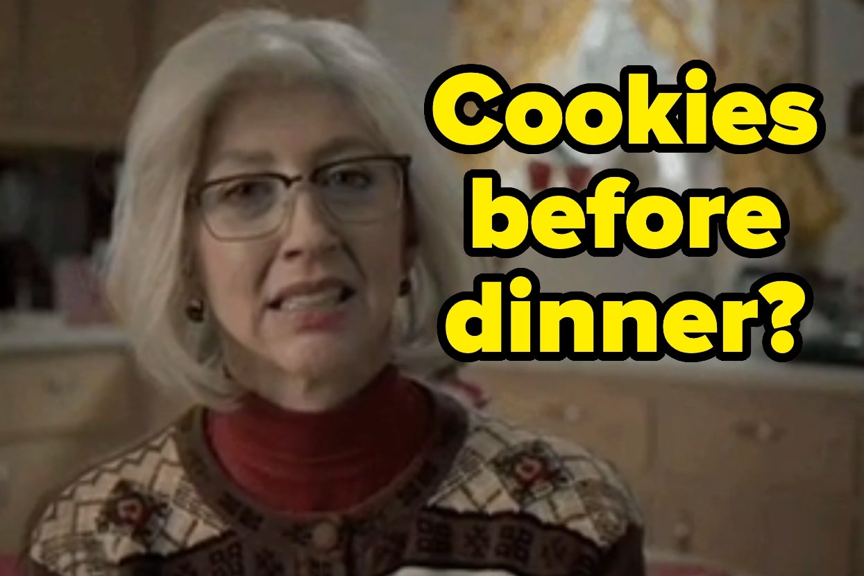 Heidi Gardner on "SNL" dressed as a grandma with glasses in a kitchen; caption reads, "Cookies before dinner?"
