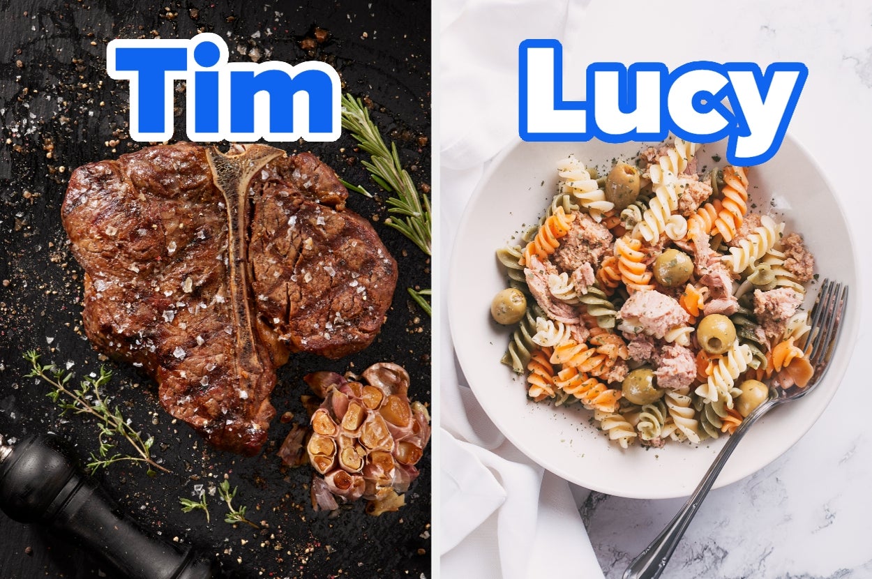 A T-bone steak with roasted garlic on the left, and a pasta salad with tuna and olives on the right. The names "Tim" and "Lucy" are written above