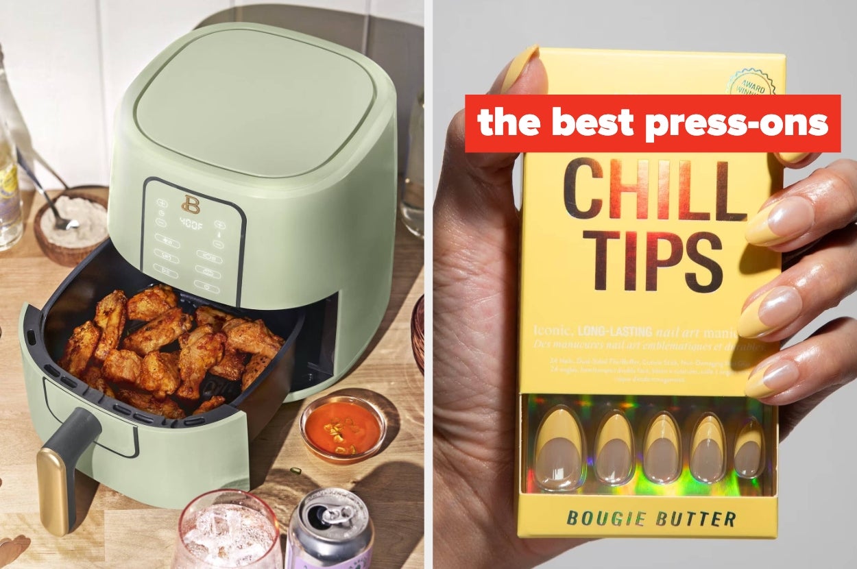 Air fryer with cooked wings next to a hand holding a Chill Tips press-on nails package with "the best press-ons" text overlay