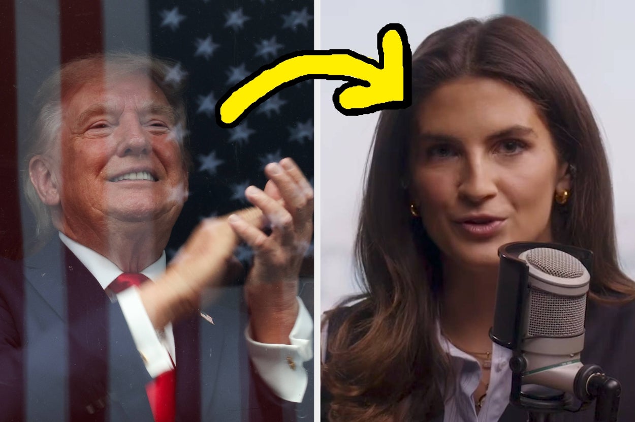 Smiling man claps behind glass with stars; woman speaks into a mic during an interview. The yellow arrow connects their images