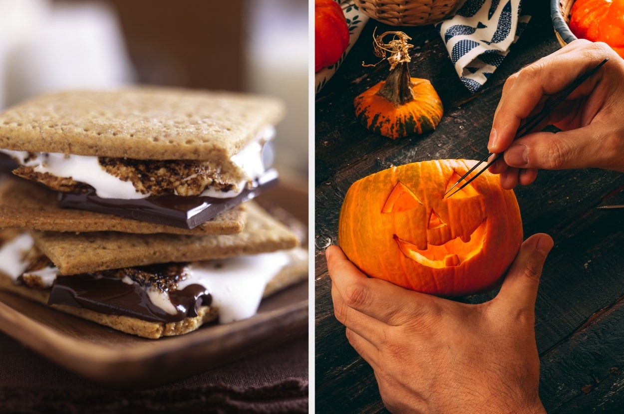 Left: S'mores with chocolate and marshmallow. Right: Hands carving a smiling jack-o'-lantern pumpkin