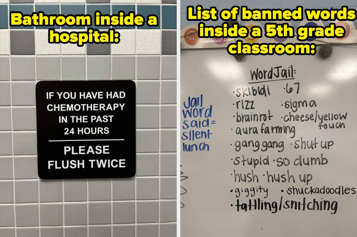 Left: Hospital bathroom sign requests double flushing after chemotherapy. Right: 5th grade classroom's board lists banned words like "stupid" and "shut up."