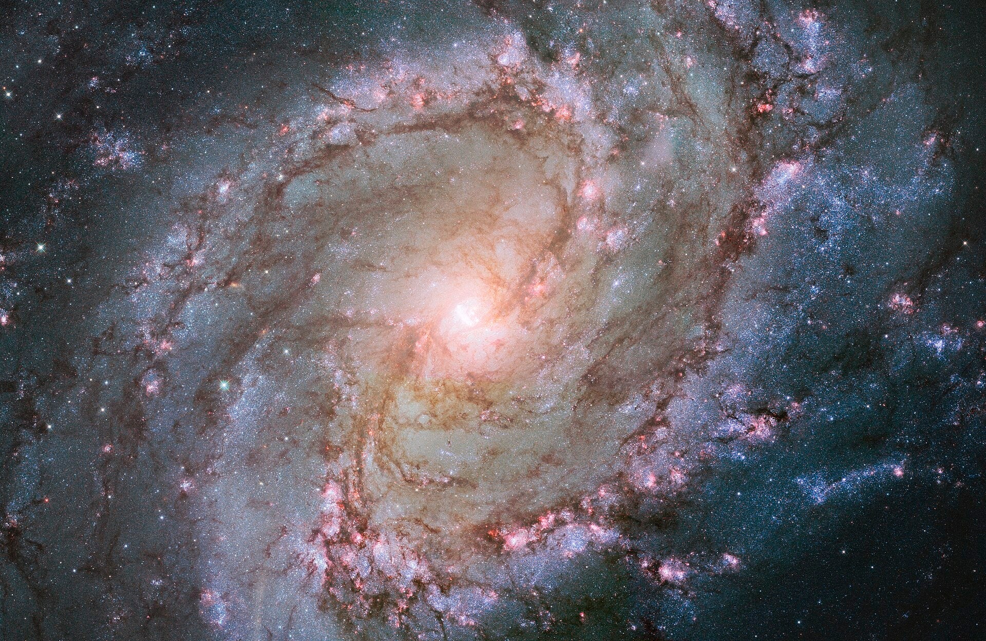 En fantastisk spiralgalakse med glødende sentral kjerne og virvlende armer av stjerner og støv