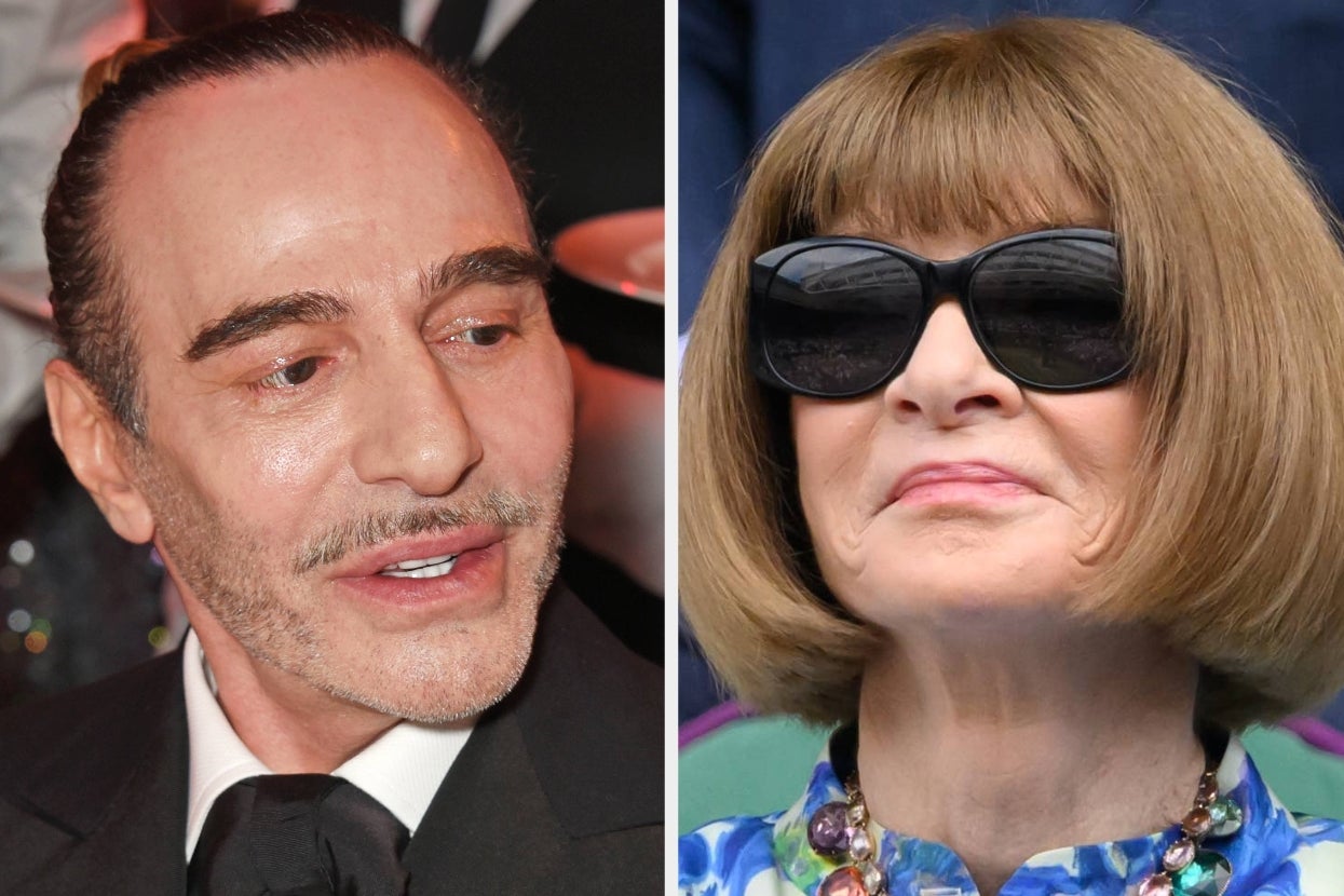 A man in a suit and tie next to a woman with a bob haircut wearing sunglasses and a floral outfit