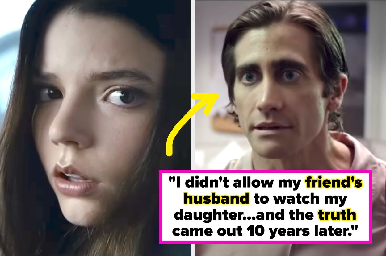 Two actors with a yellow arrow between them. Caption reads, "I didn't allow my friend's husband to watch my daughter...but the truth came out 10 years later."