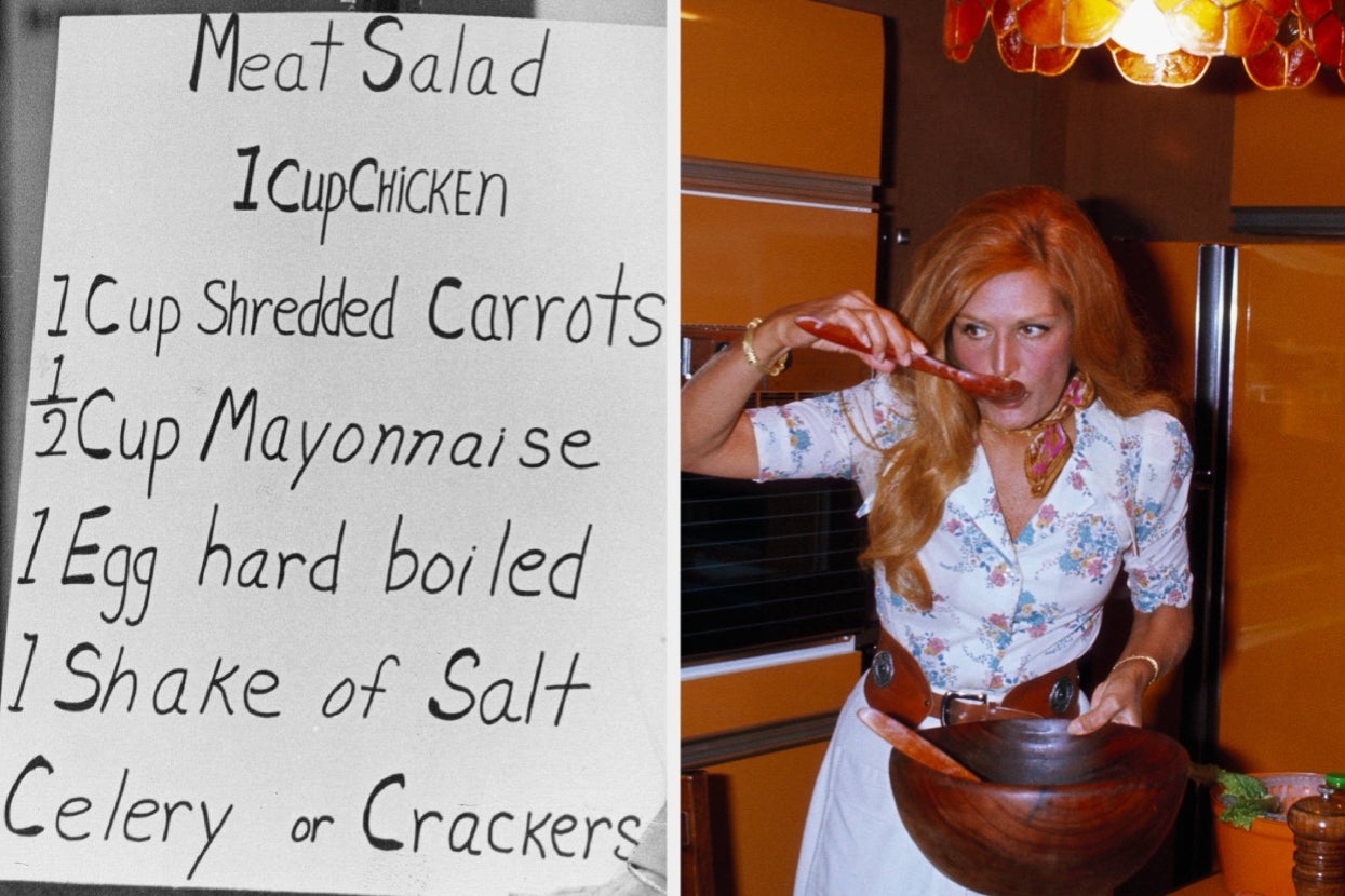 Left side: Recipe for Meat Salad with ingredients. Right side: Person in floral dress tastes from a wooden spoon in a retro kitchen
