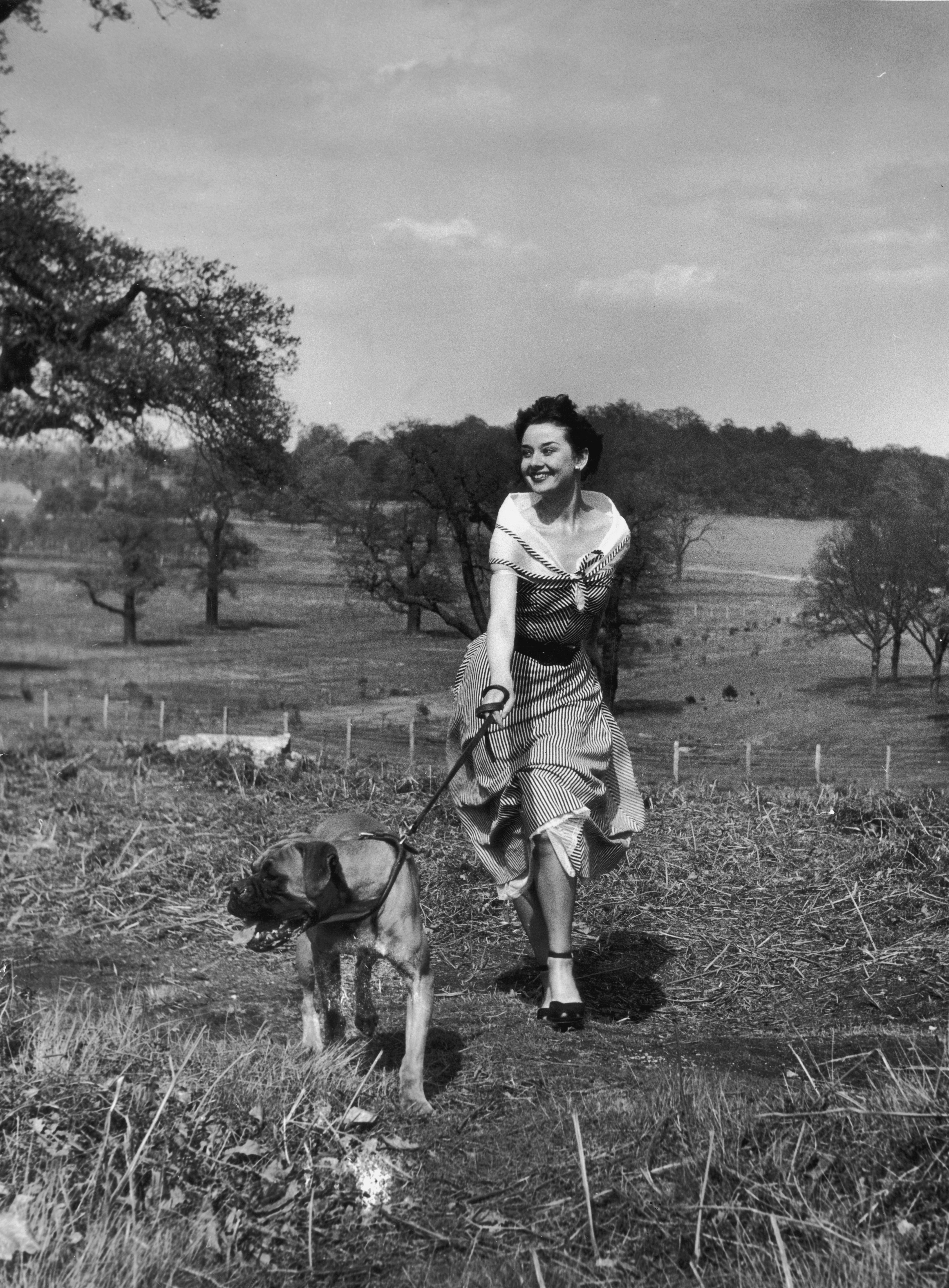 Audrey Hepburn in a vintage-style dress joyfully walks a large dog through a countryside landscape