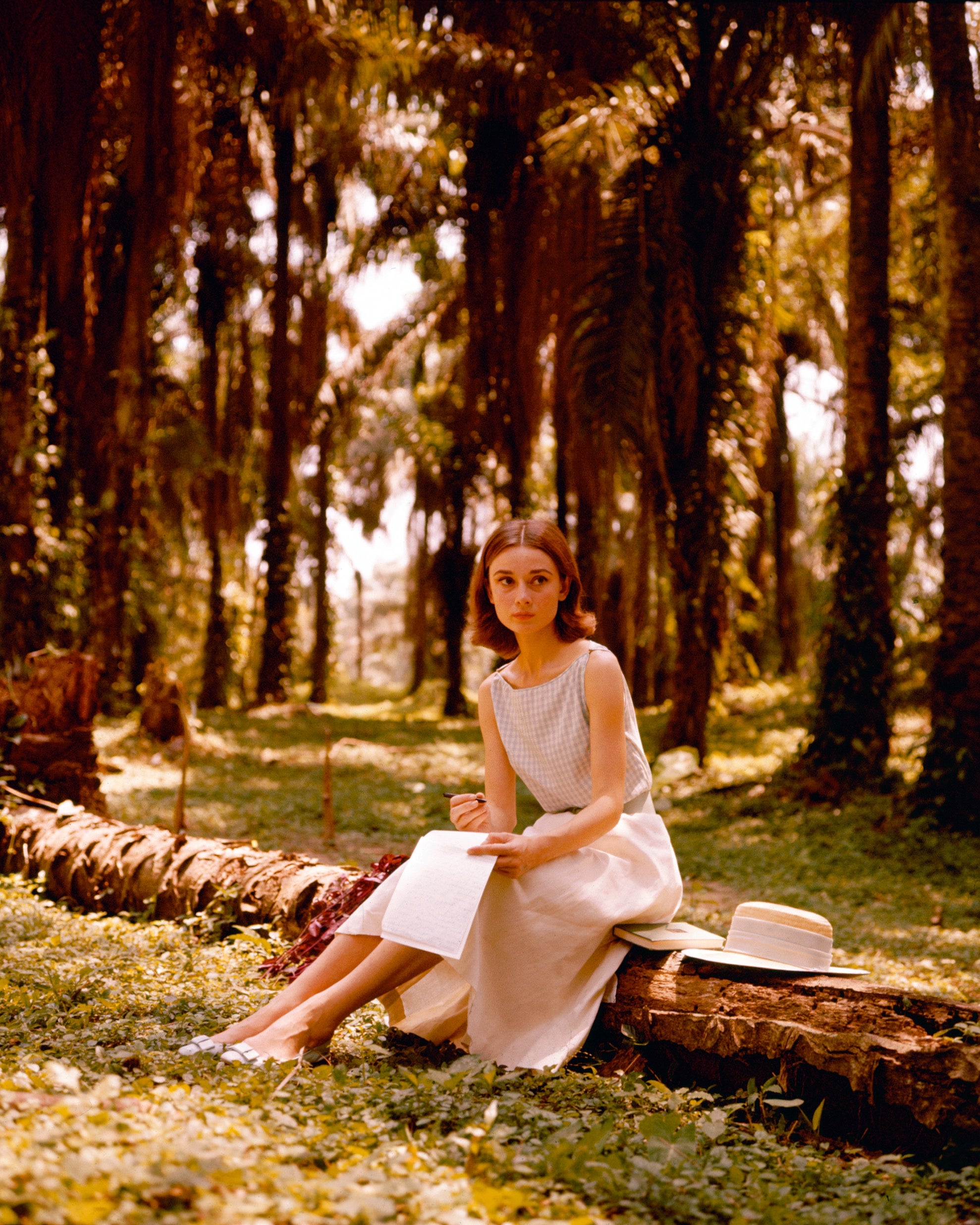 Audrey Hepburn in a sleeveless dress sits on a stone ledge in a lush garden, holding a book. A sun hat rests beside her