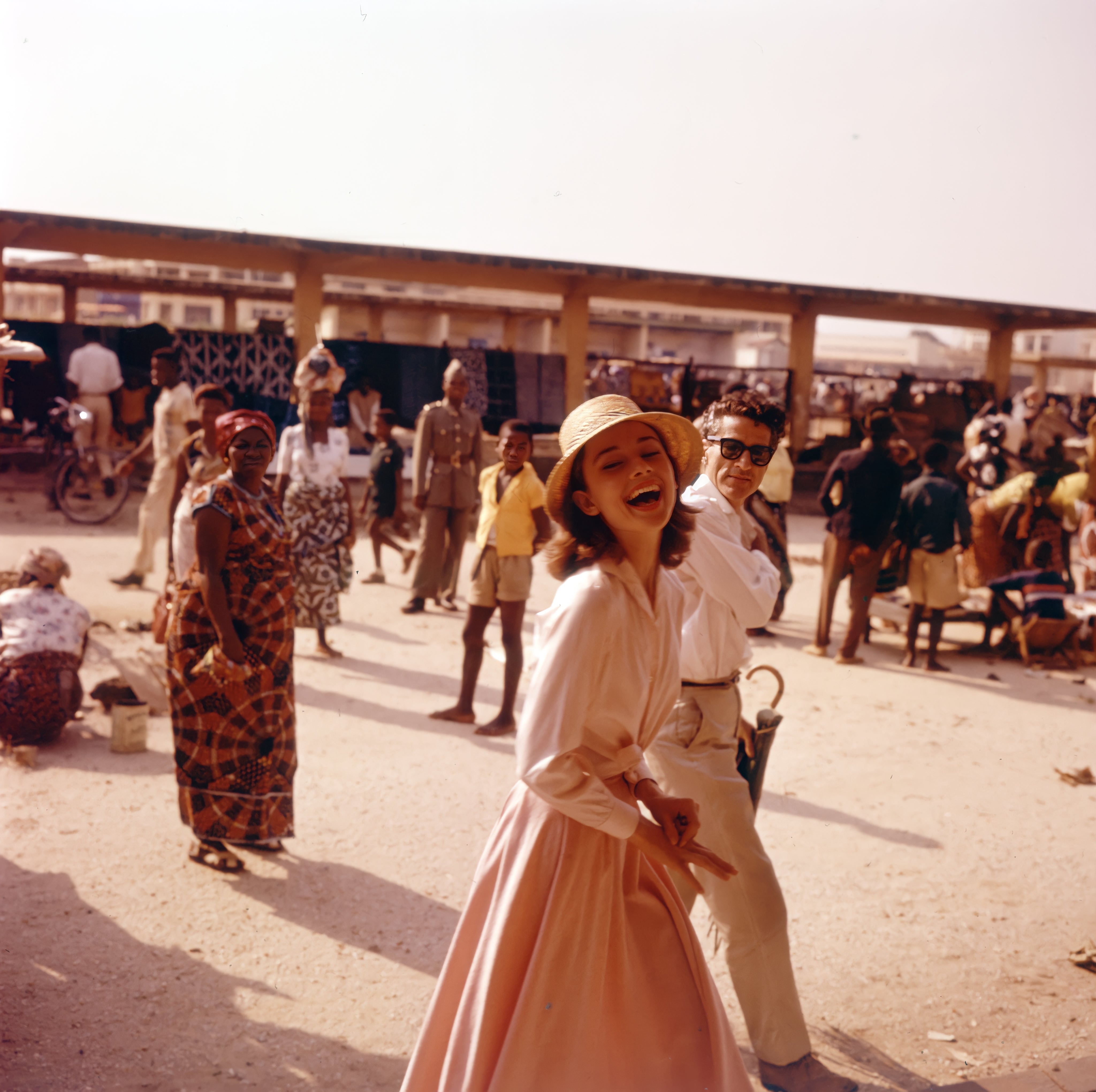 Audrey Hepburn strolls through a sunny market.