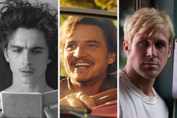 Three actors in different scenes: one reading a book, one driving and smiling, and one looking serious inside a house