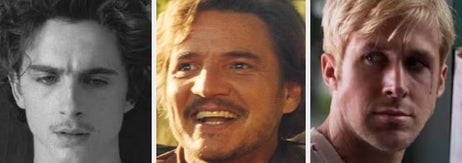 Three actors in movie scenes: the first reads a notebook, the second smiles while driving, and the third looks pensively off-camera