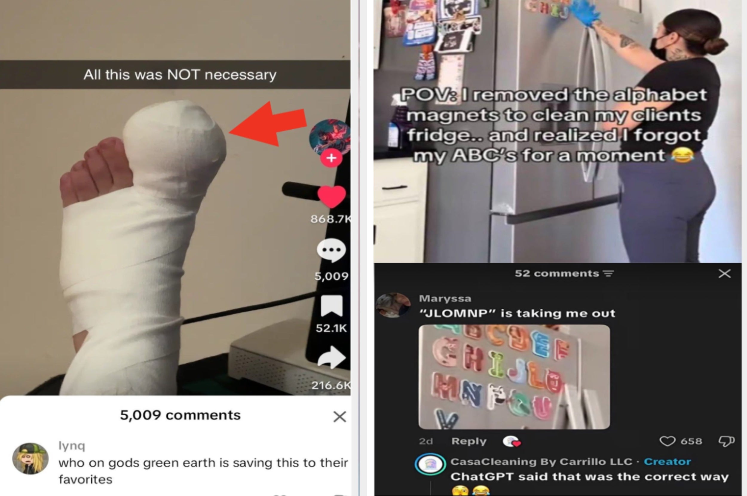 Bandaged foot TikTok with a funny caption; TikTok POV about forgetting alphabet while cleaning magnets; humorous comment on a ChatGPT suggestion
