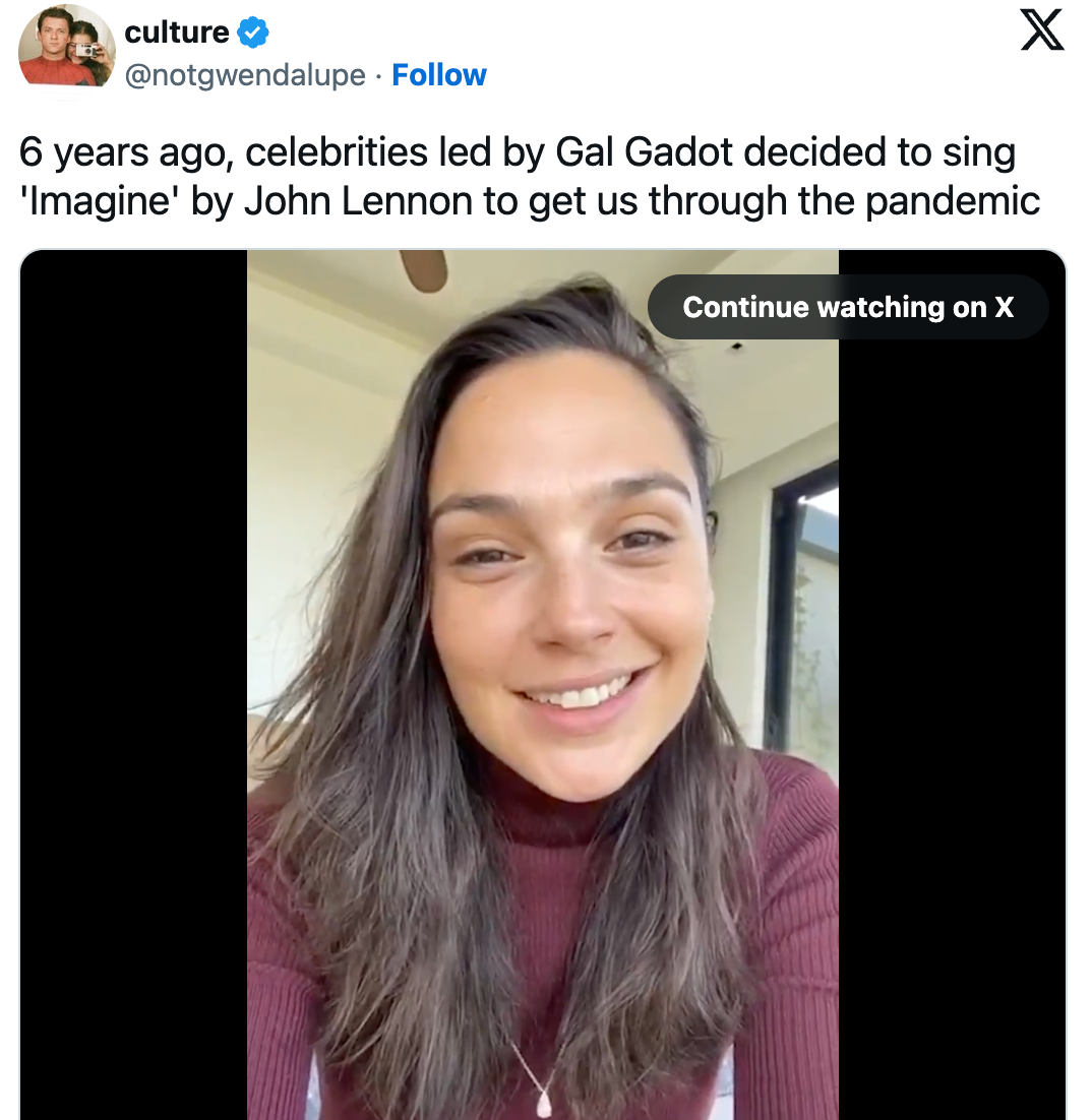 A person with long hair smiles in a selfie video. Text mentions celebrities singing "Imagine" by John Lennon to cope with the pandemic
