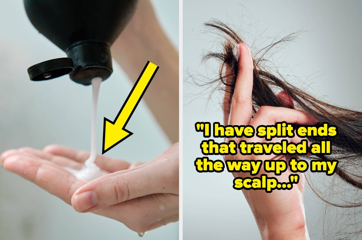 Split image: Left shows conditioner being dispensed onto a hand; right shows a person holding hair with visible split ends and a quote about split ends