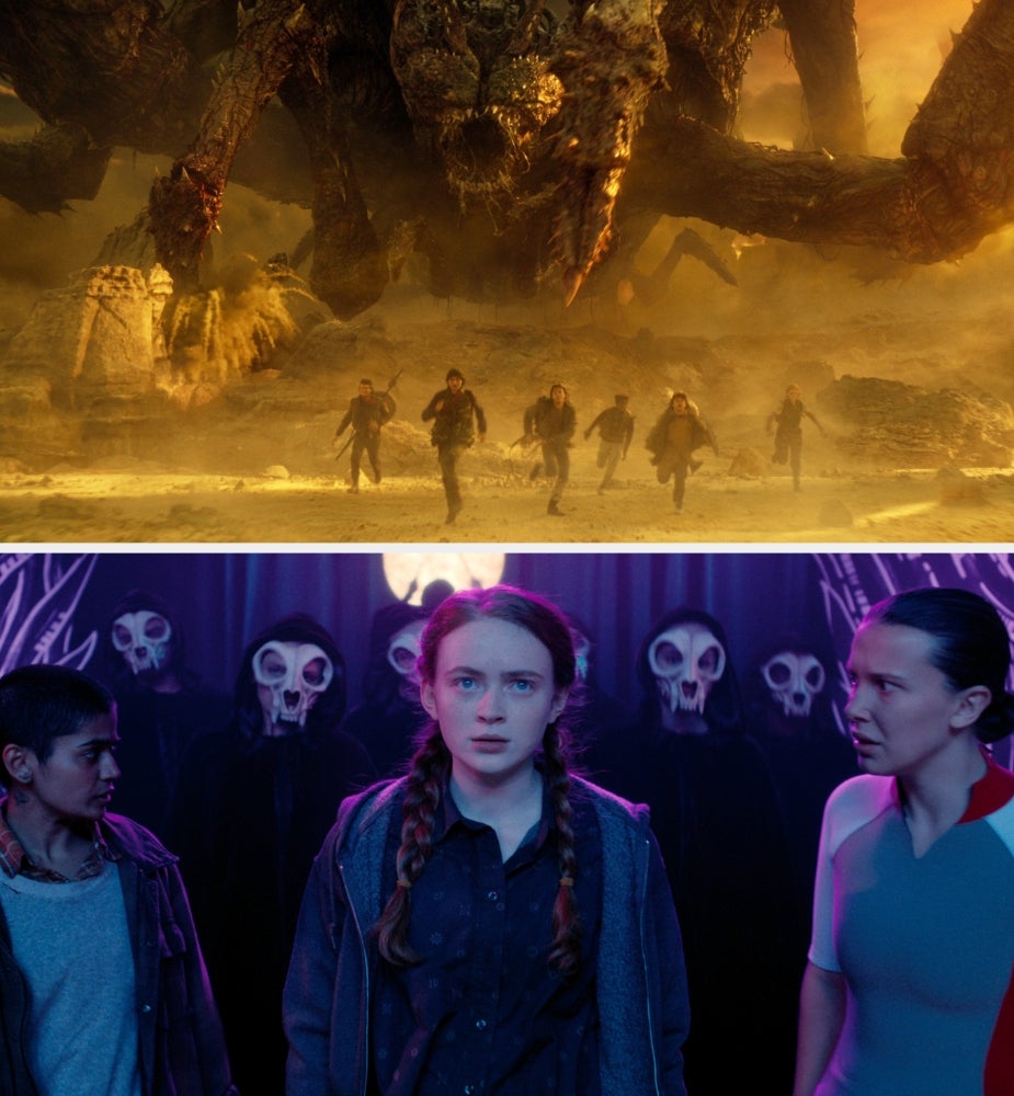 Scene from a fantasy series: group runs from a giant monster; another group faces ominous figures in a room