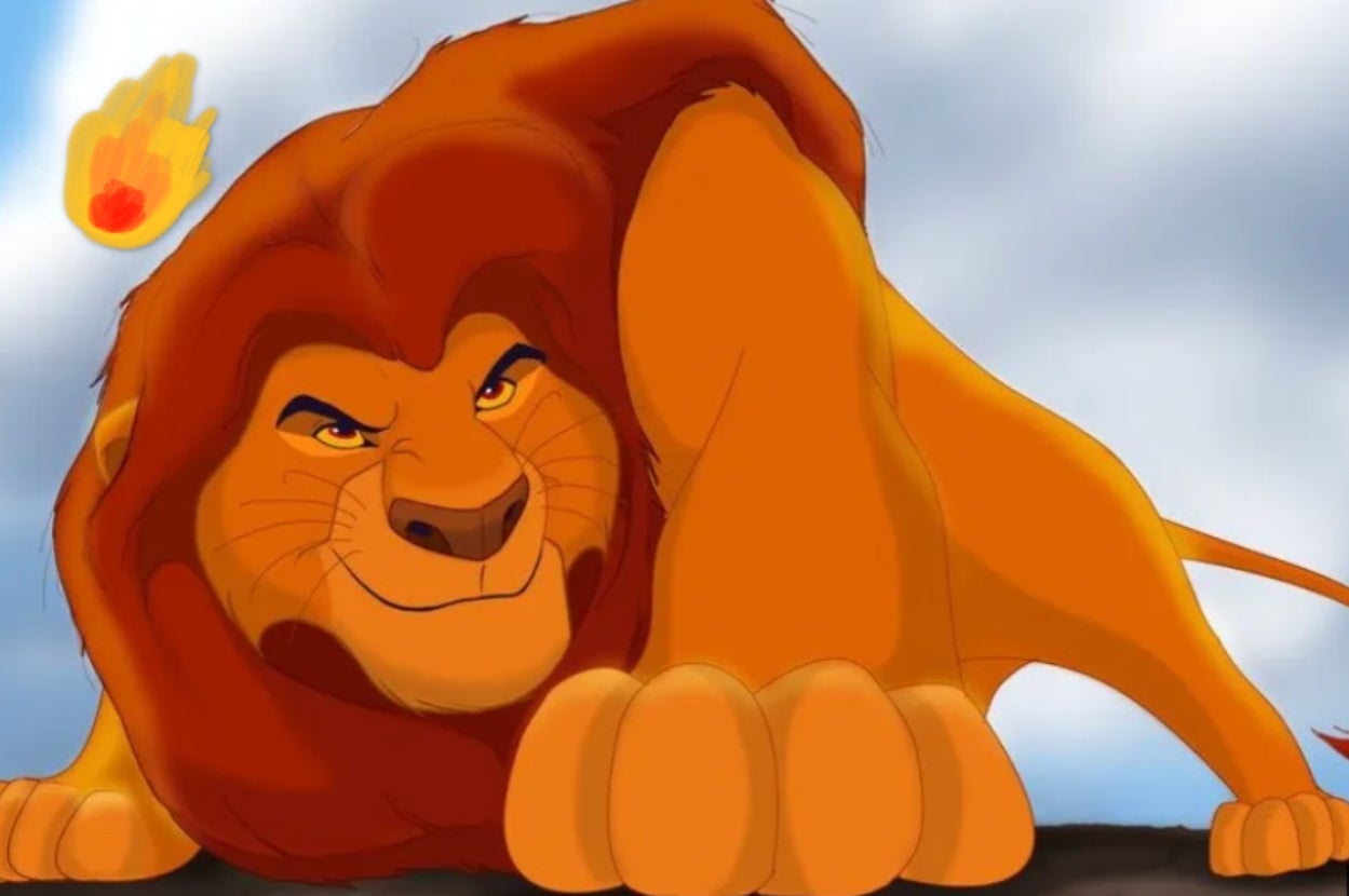 Cartoon lion with a determined expression crouches, with a shooting star nearby in a vibrant sky