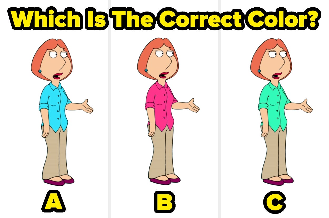 Lois Griffin shown in three identical poses with different shirt colors: blue, pink, and green. Text asks, "Which Is The Correct Color?"