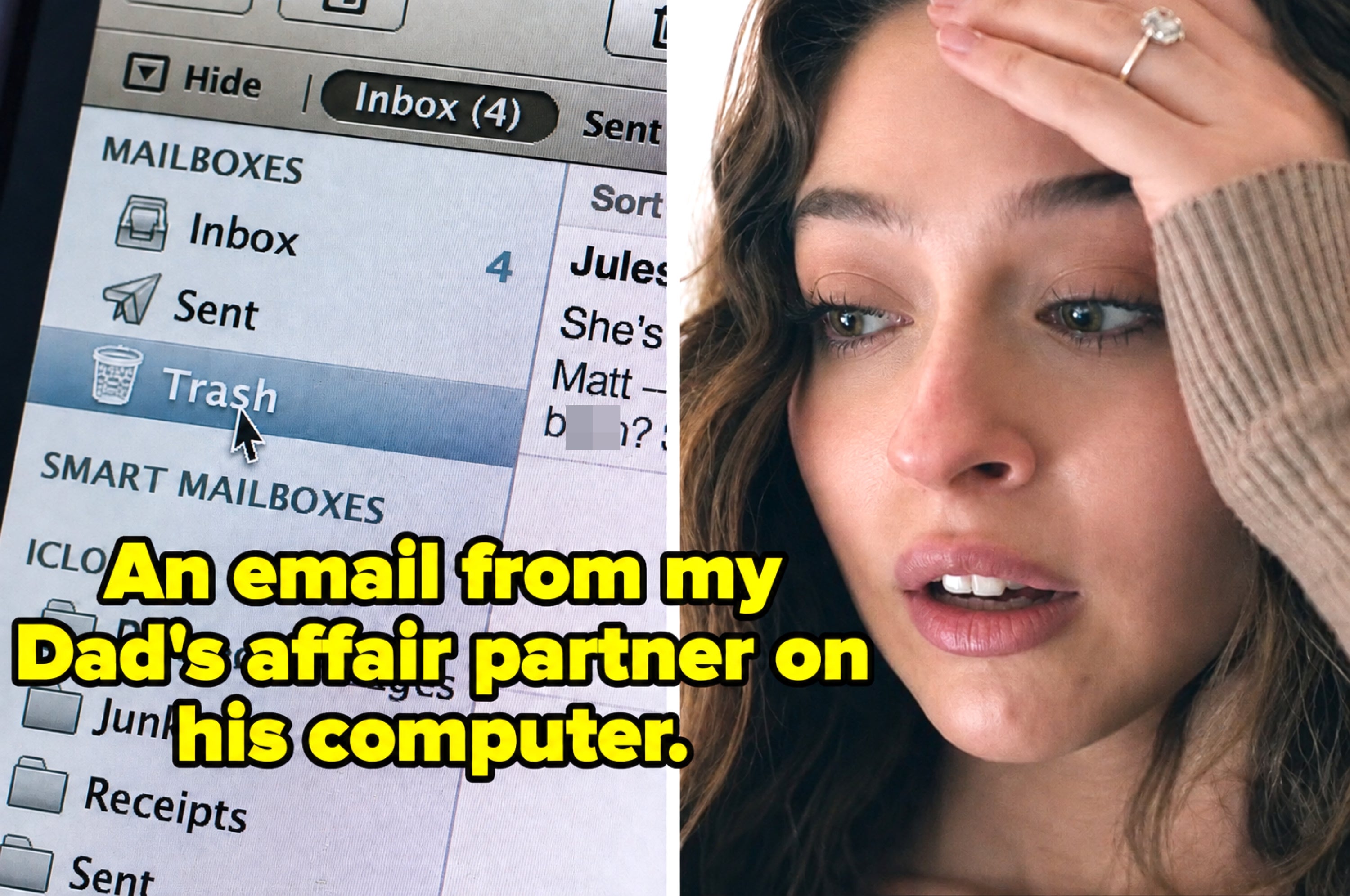 A worried person views an email revealing their dad's affair, highlighted on a computer screen