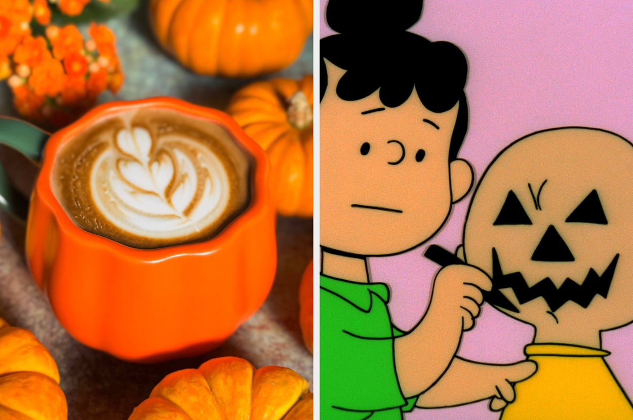 A pumpkin-shaped mug of latte next to a cartoon scene of a kid drawing a face on a pumpkin