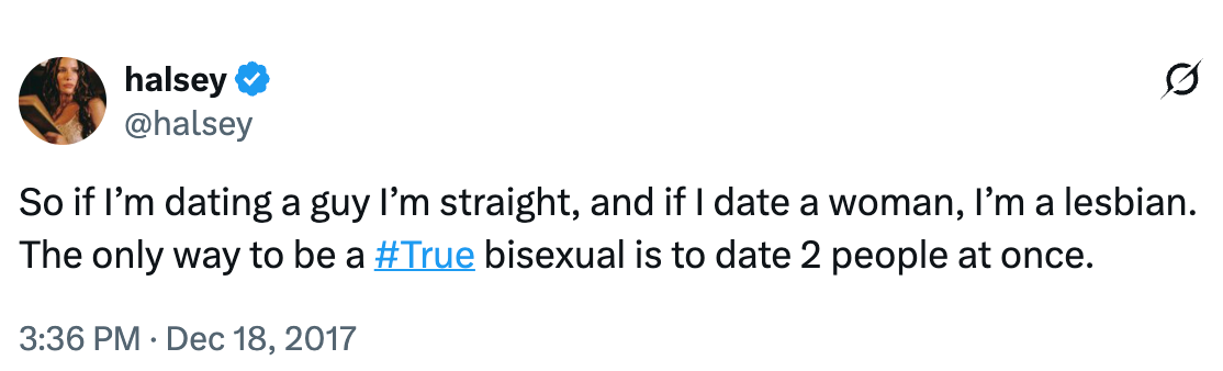 Halsey tweets humorously about bisexuality stereotypes, suggesting being labeled depends on dating both genders simultaneously