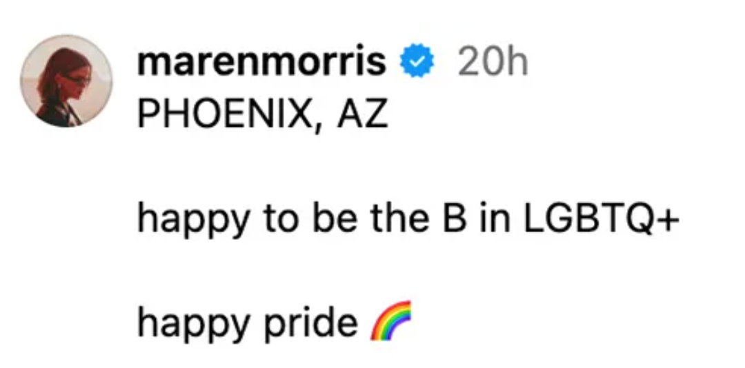Post by a user mentioning Phoenix, AZ, stating "happy to be the B in LGBTQ+" and "happy pride" with a rainbow emoji
