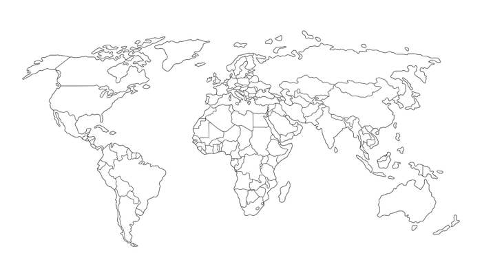 Outline map of the world showing continents and country borders