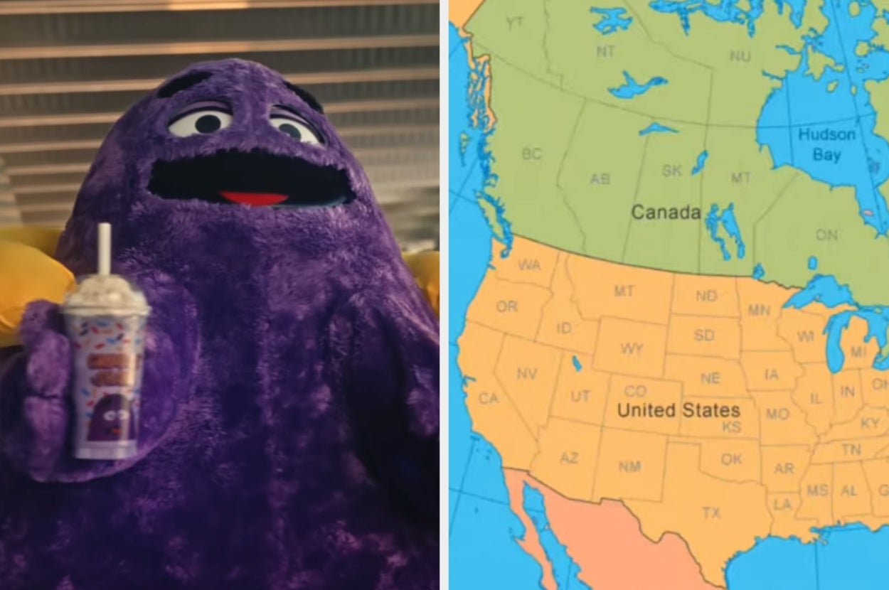 Left: A large, purple, friendly mascot holding a milkshake. Right: A colorful map of the US and Canada with geographic boundaries