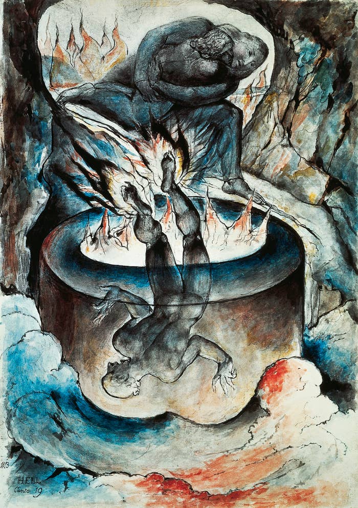 Painting by William Blake depicting a figure falling into a fiery pit with another watching from above, surrounded by swirling clouds and flames