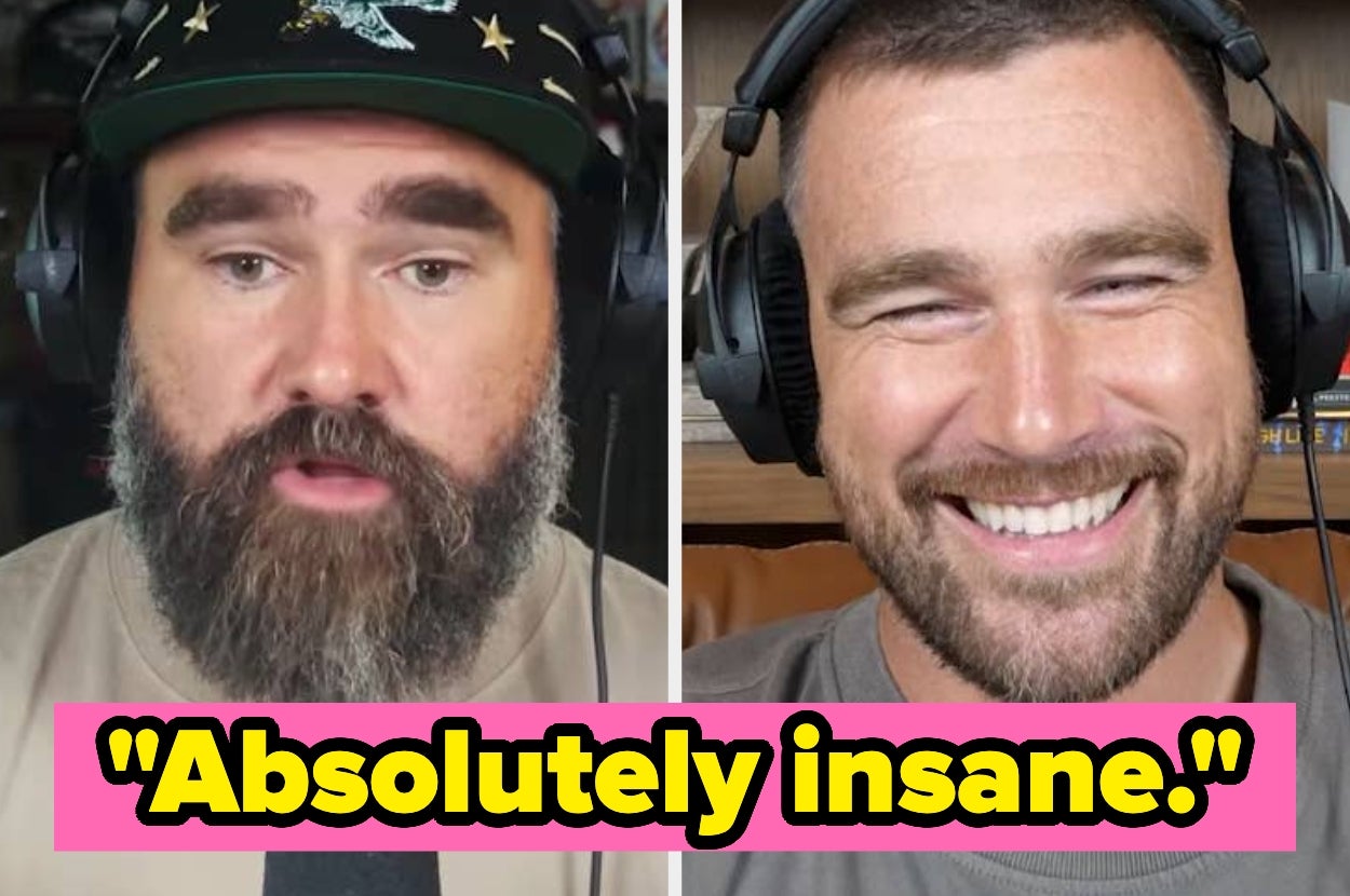 Two men wearing headsets are engaged in a conversation. Caption below reads: "Absolutely insane."