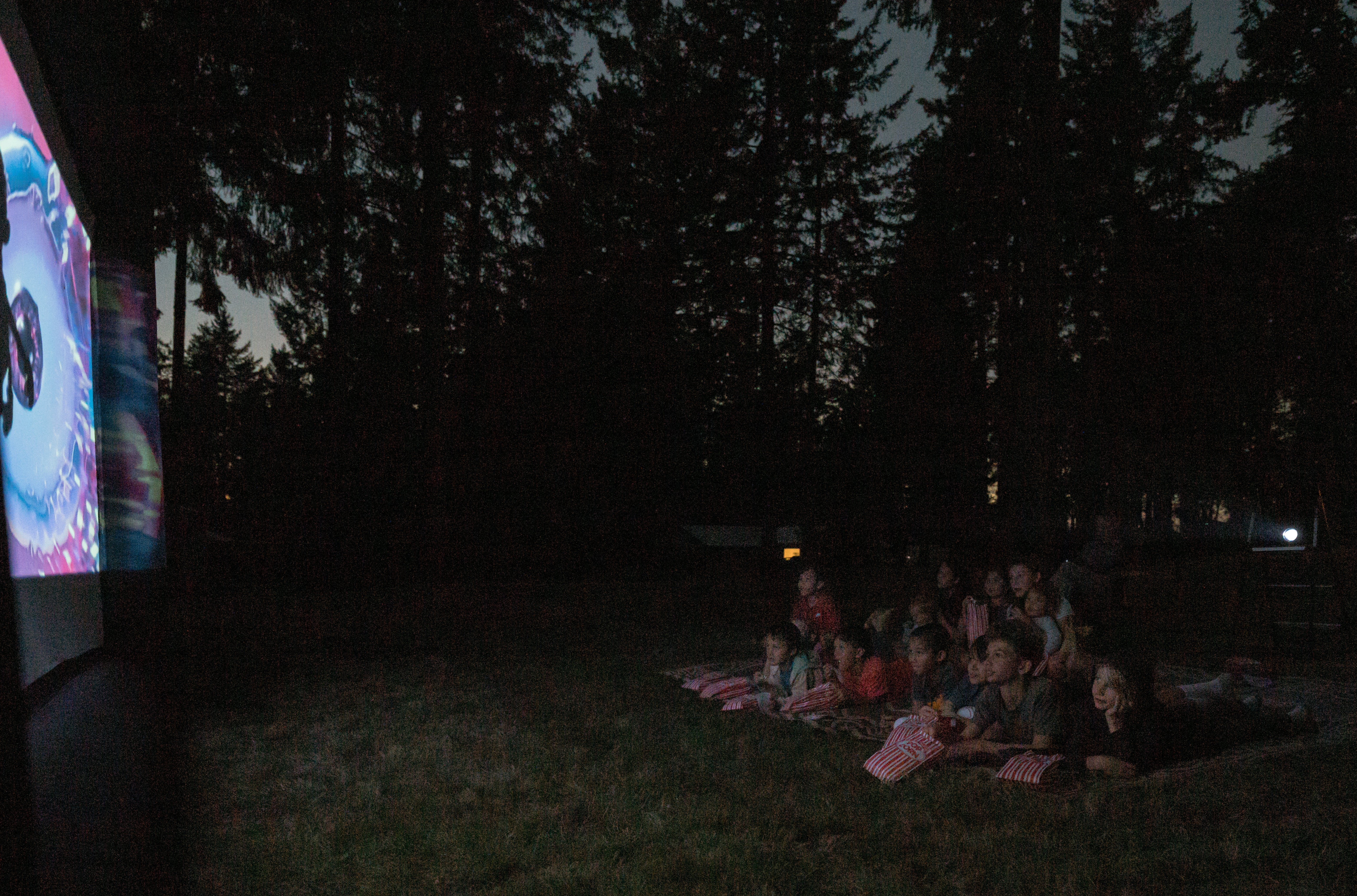 People sitting on blankets, watching a large outdoor movie screen surrounded by trees
