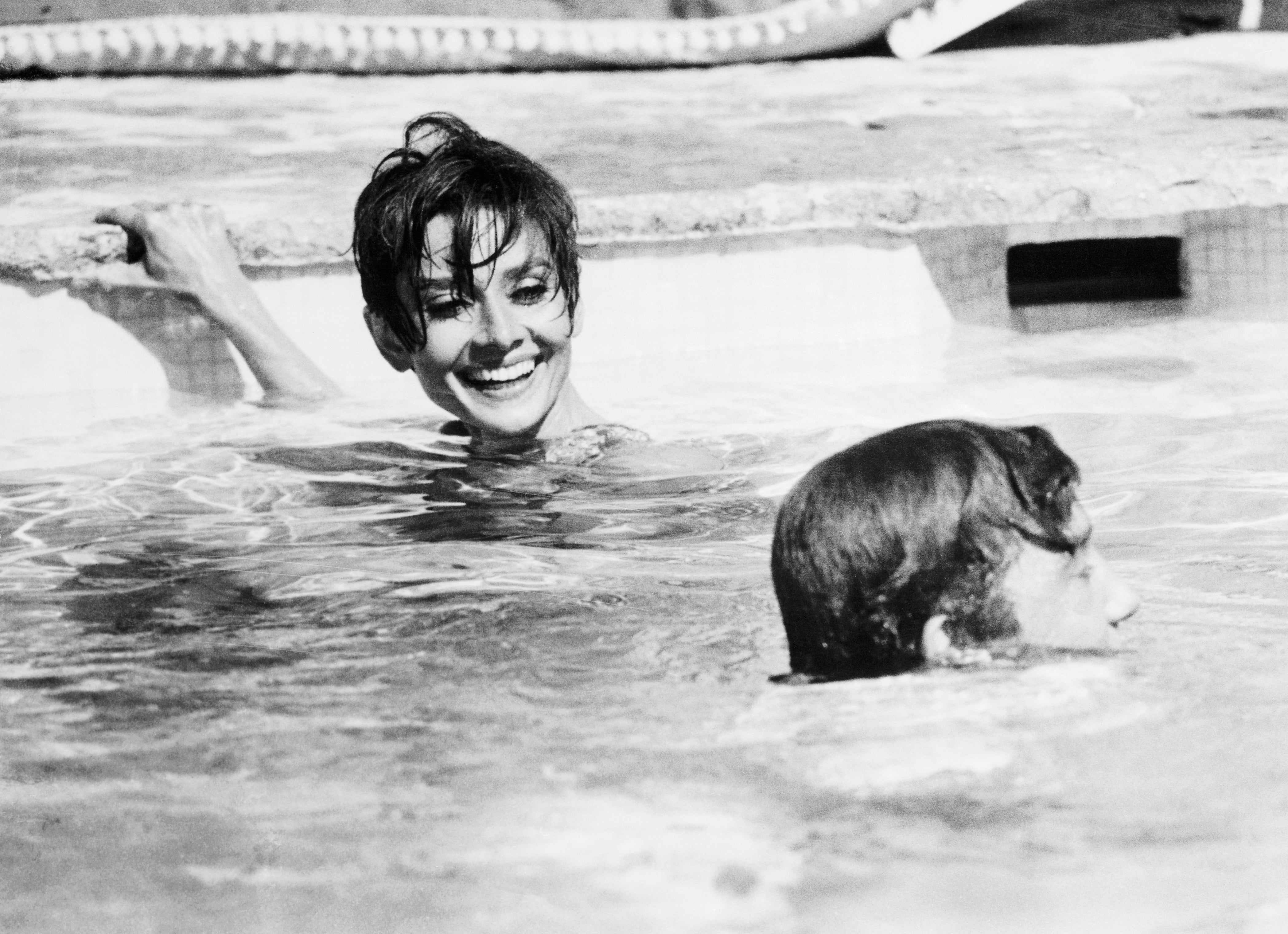 Audrey and Albert swimming in a pool, smiling and enjoying a leisurely moment