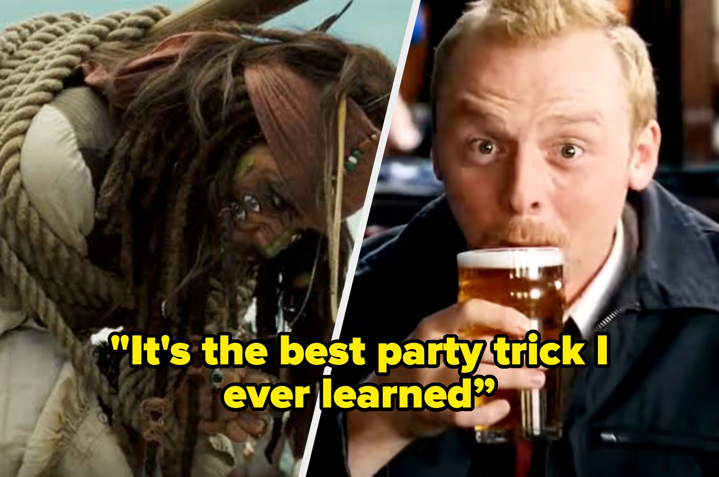 Split image: left shows a pirate character crouching; right shows a man in a suit holding a beer, with text: "It's the best party trick I ever learned."