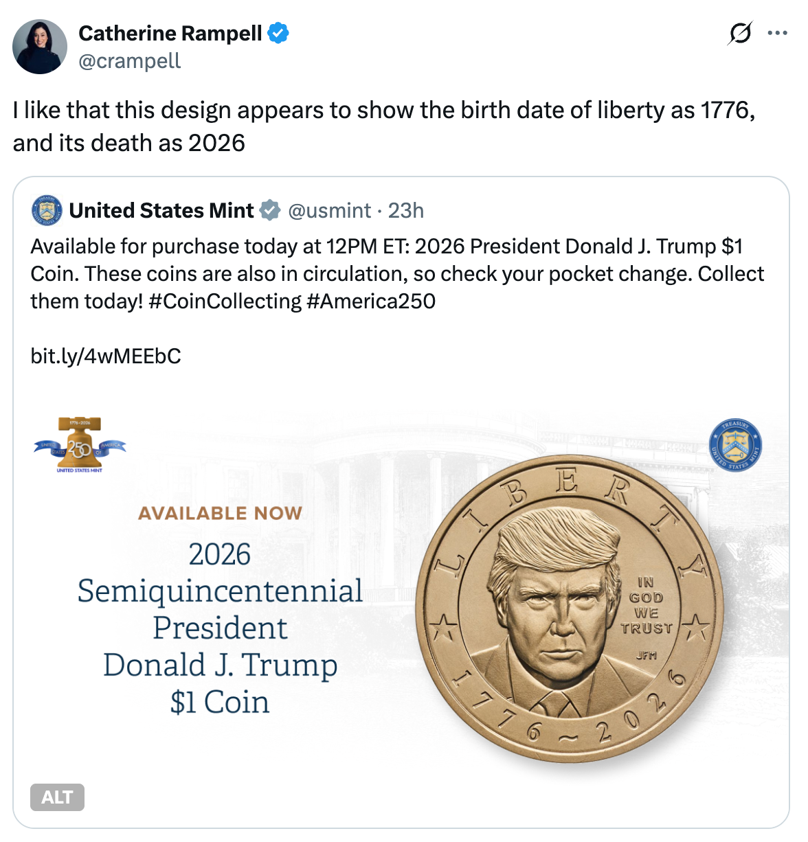Innlegg i sosiale medier kritiserer et myntdesign med Donald Trump og dateres 1776-2026, og noterer en sammenstilling av frihetens fødsel og påståtte død