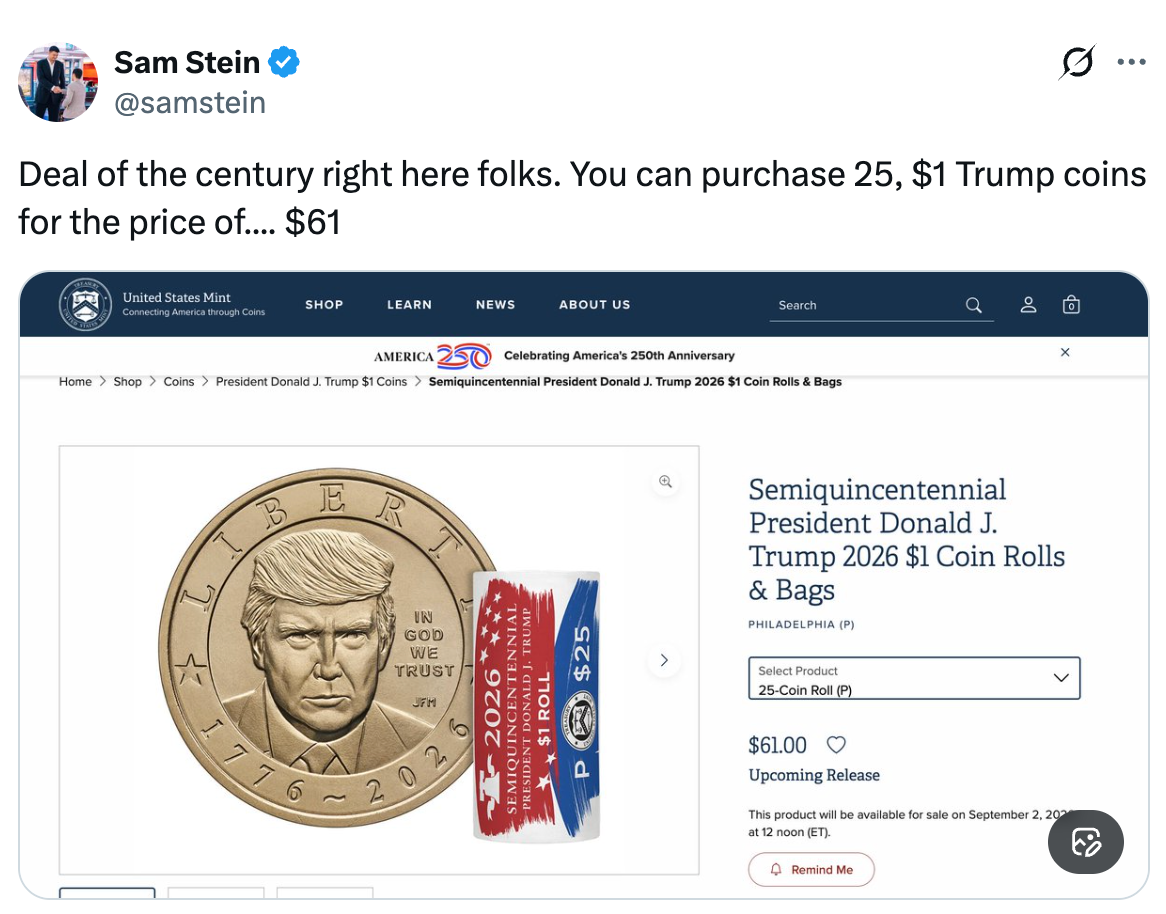 Bilde av en satirisk tweet som viser Trump-mynter priset til $61 for 25 mynter til en verdi av $1 hver, og fremhever et misforhold i prissetting