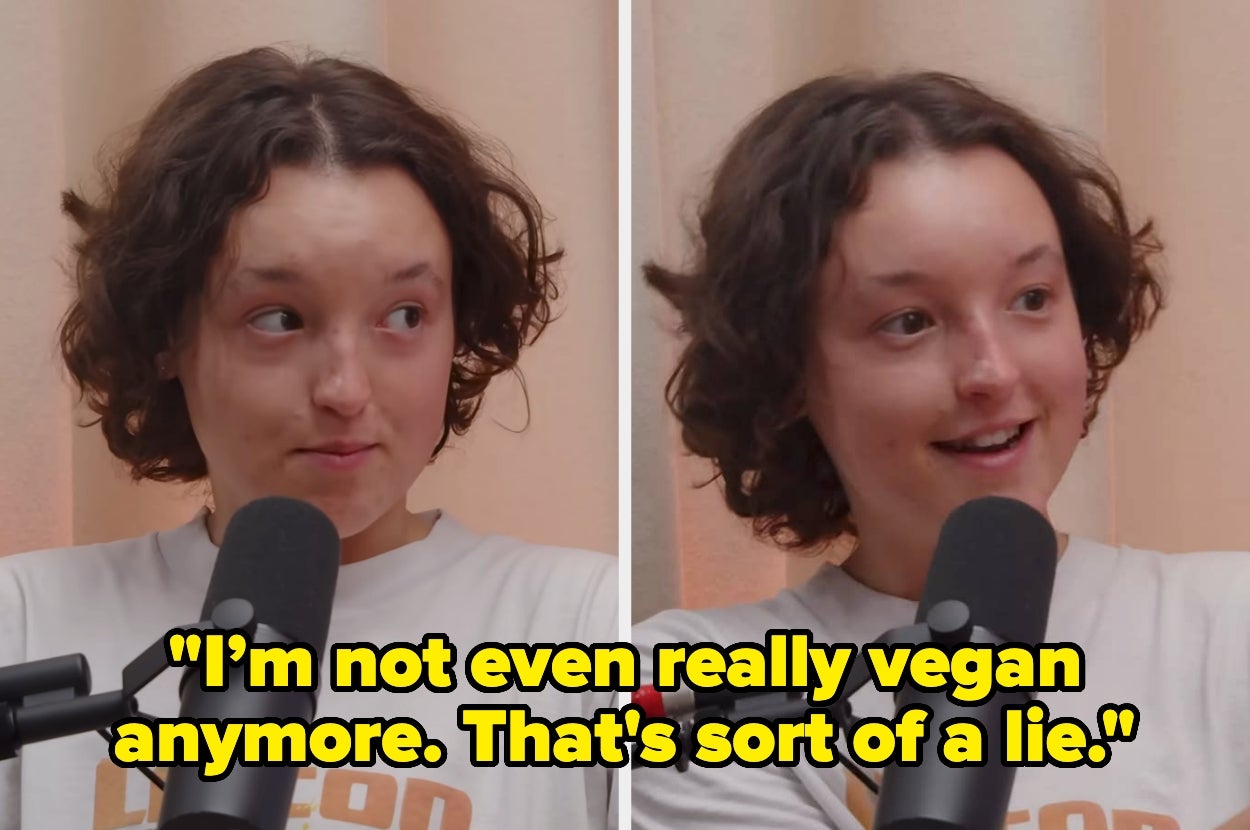 Person speaking into a microphone. Text overlaid: "I'm not even really vegan anymore. That's sort of a lie."