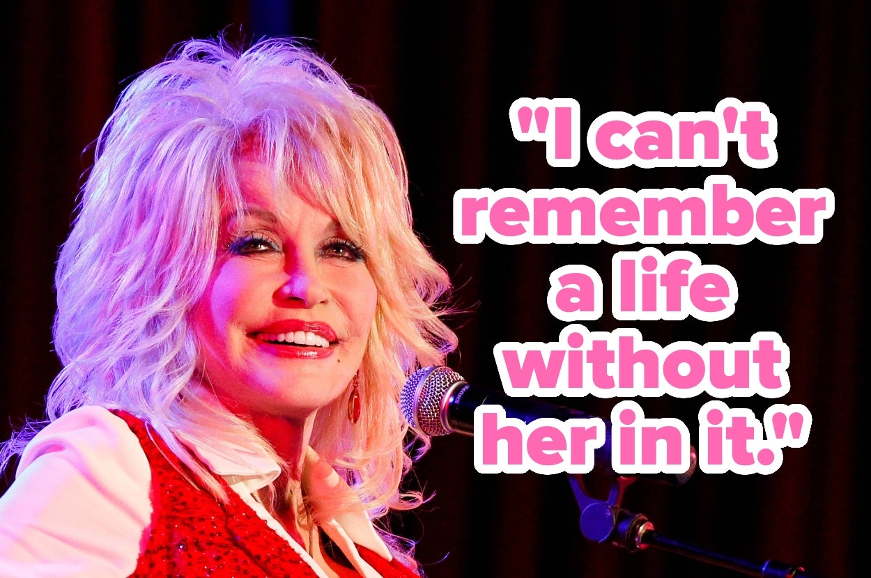 Celebrity with voluminous hairstyle smiles at a microphone; text beside reads, "I can't remember a life without her in it."