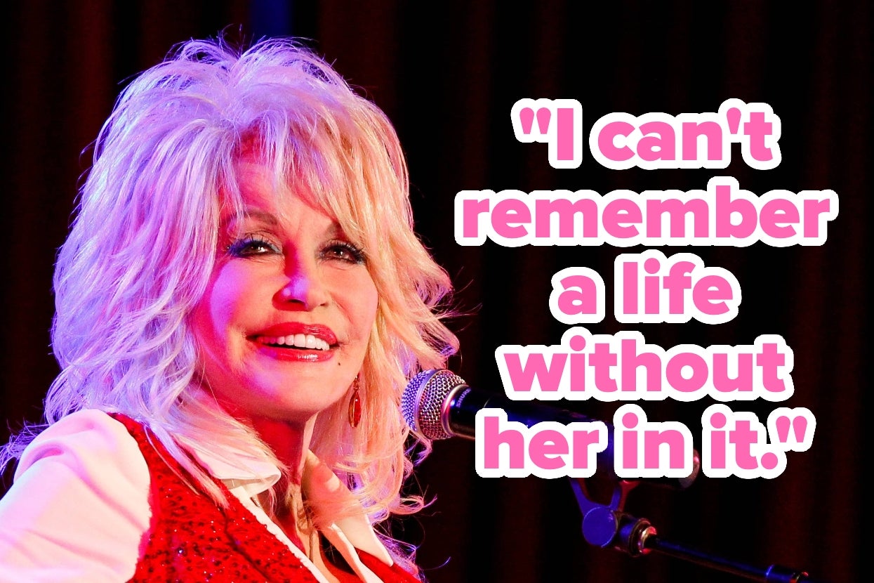 Celebrity with voluminous hairstyle smiles at a microphone; text beside reads, "I can't remember a life without her in it."
