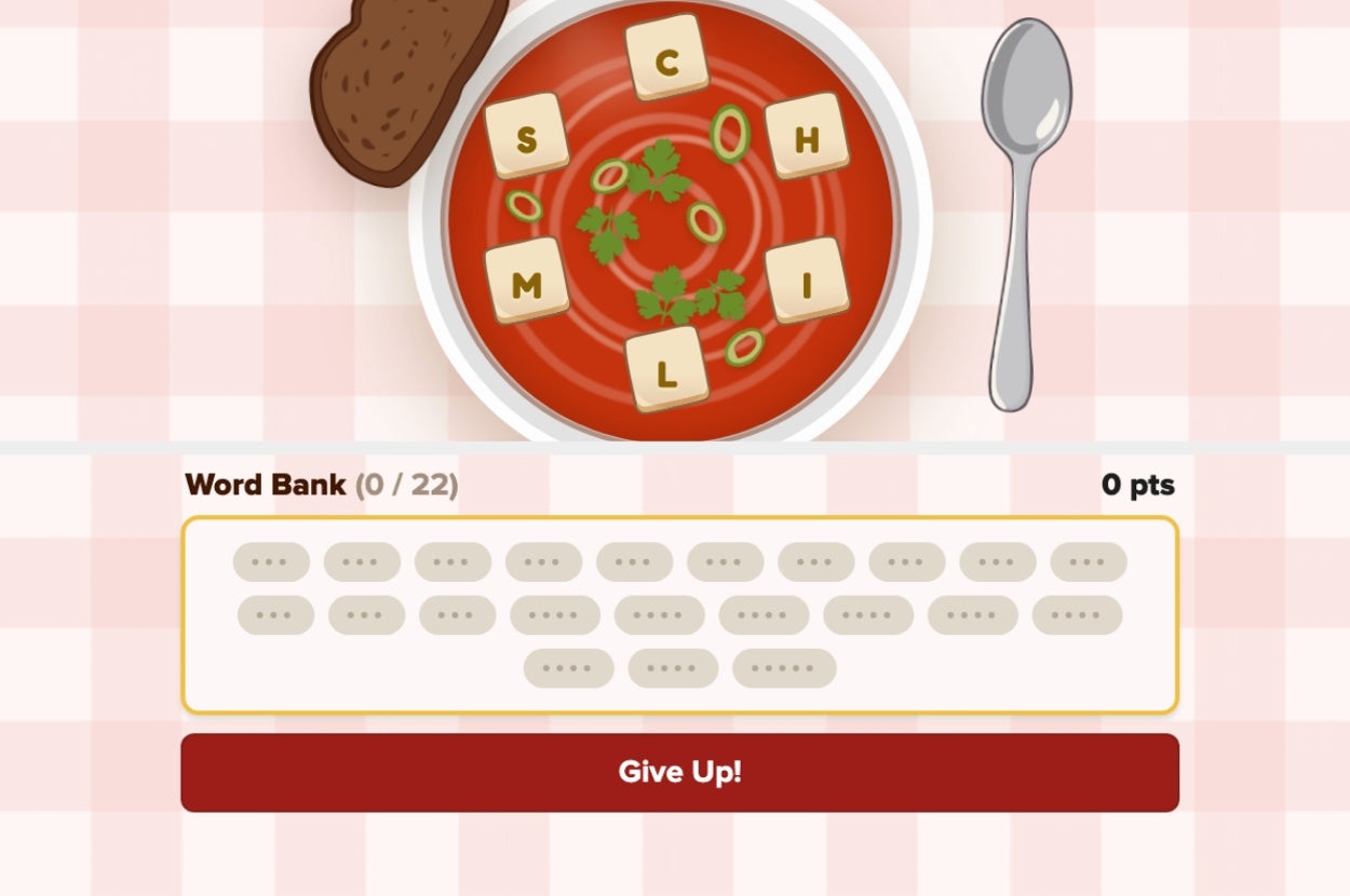 A word puzzle game featuring scrambled letter tiles spelling "SCHMOLI" in a soup, with a word bank and score tracker below