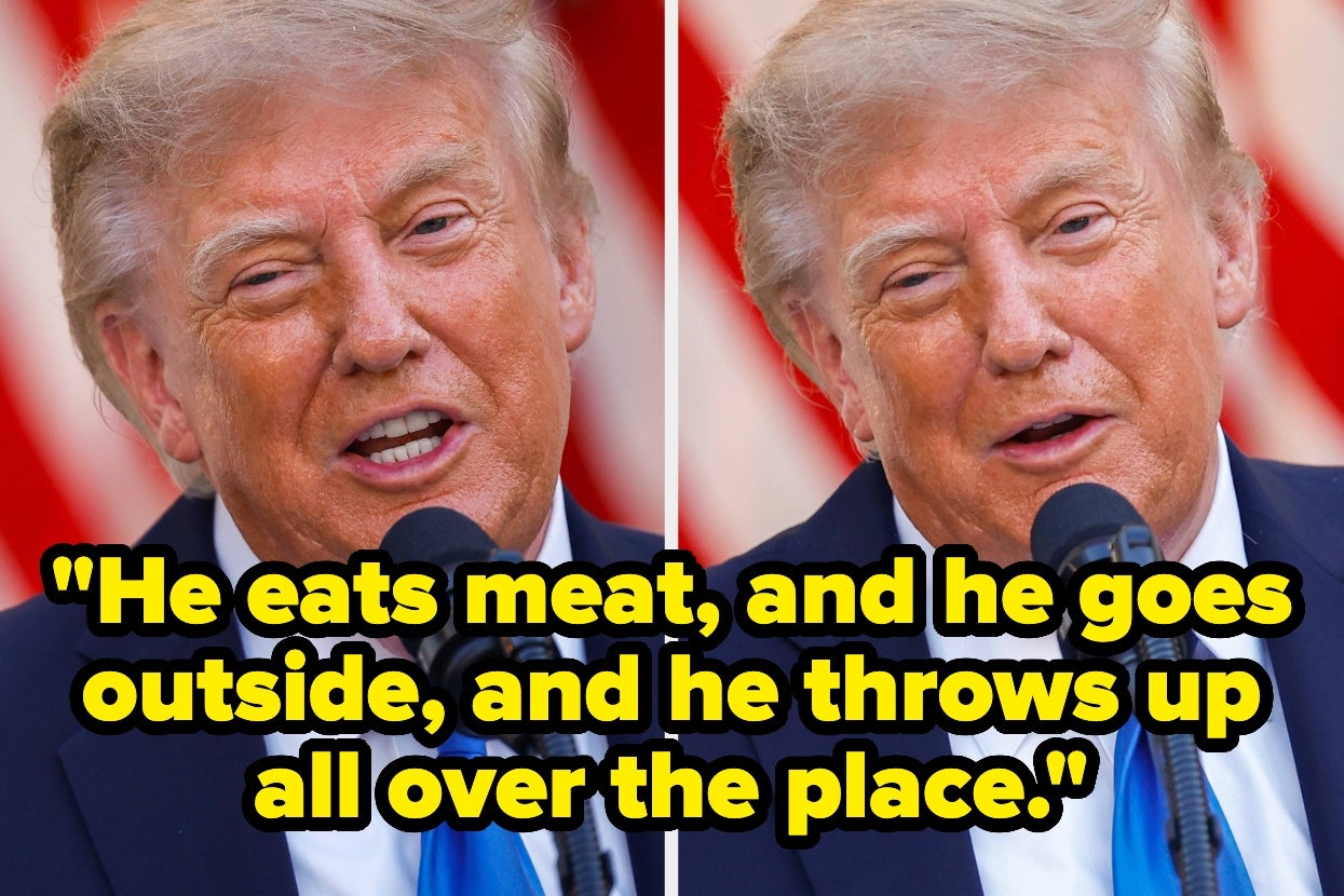 Two side-by-side photos of a man speaking at a podium. Overlay text: "He eats meat, and he goes outside, and he throws up all over the place."